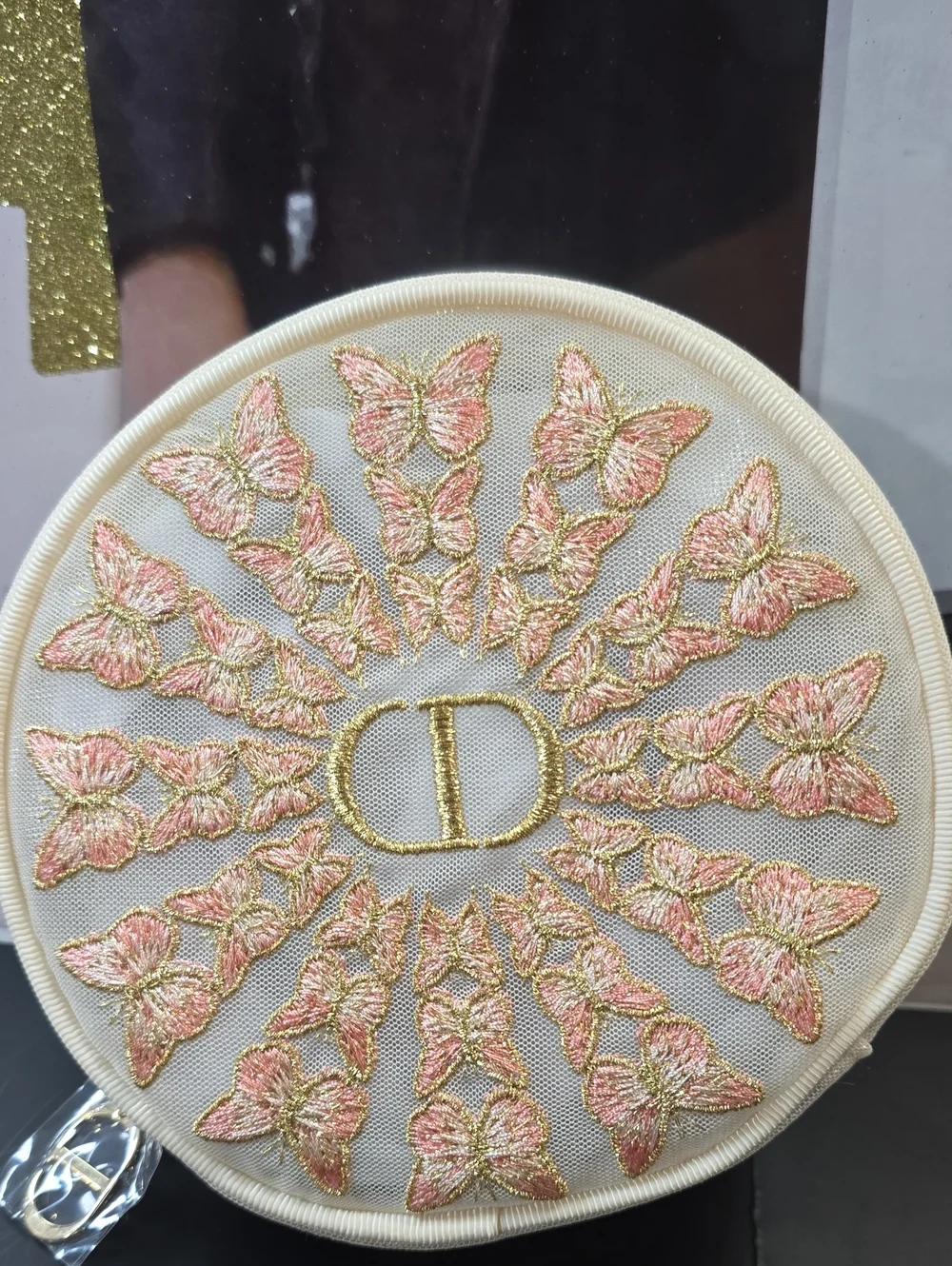Dior Round Embroidered Cosmetic Pouch in Cream and Pink with Gold Accent